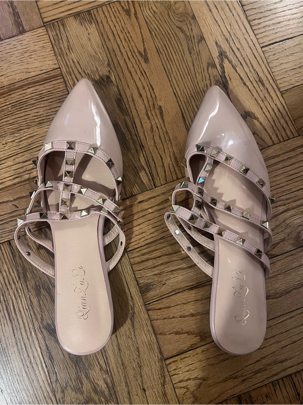 Studded Pointed-Toe Pink Patent Ballet Flats